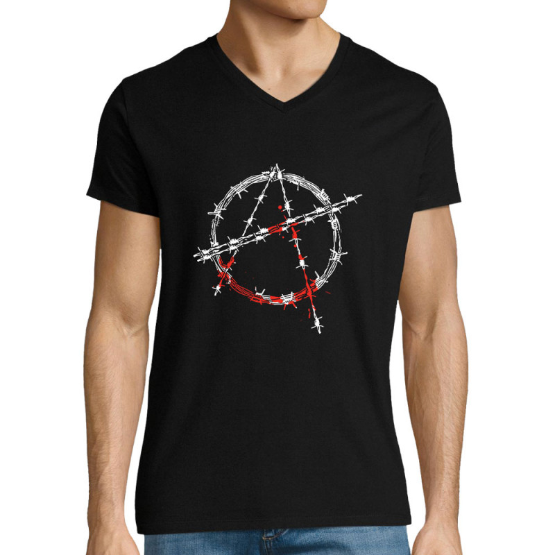 T-shirt homme col V noir Anarchie Barbelés (Rock & Punk,Slogans engagés)