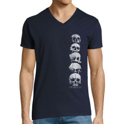 T-shirt homme col V bleu marine Five Skulls (Gondrax,Diabolik,Têtes de morts)