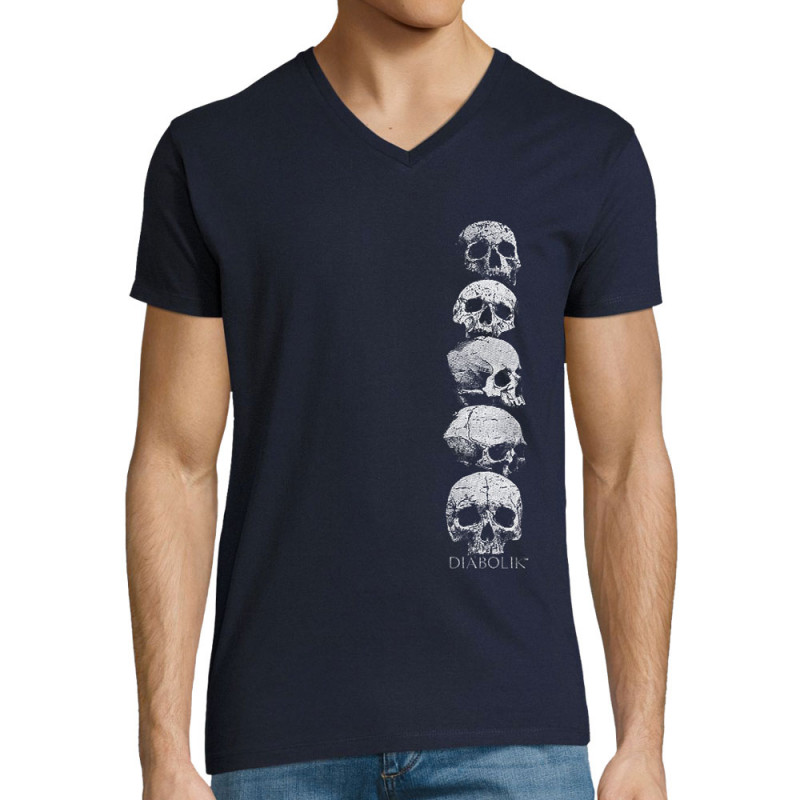 T-shirt homme col V bleu marine Five Skulls (Gondrax,Diabolik,Têtes de morts)