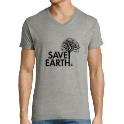 T-shirt homme col V gris chiné Save Earth (Ecologie)