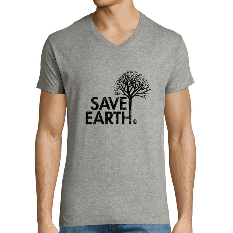 T-shirt homme col V gris chiné Save Earth (Ecologie)