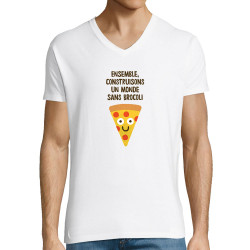 T-shirt homme col V blanc Construisons un monde sans brocoli (Alex Kidd,Fruits & Légumes,Humour)
