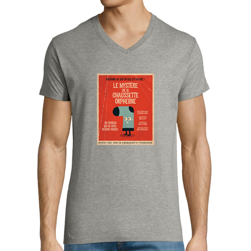 T-shirt homme col V gris chiné Le mystère de la chaussette (Alex Kidd,Humour)