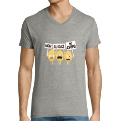 T-shirt homme col V gris chiné Non au gaz de chips (Alex Kidd,Humour,Fruits & Légumes)