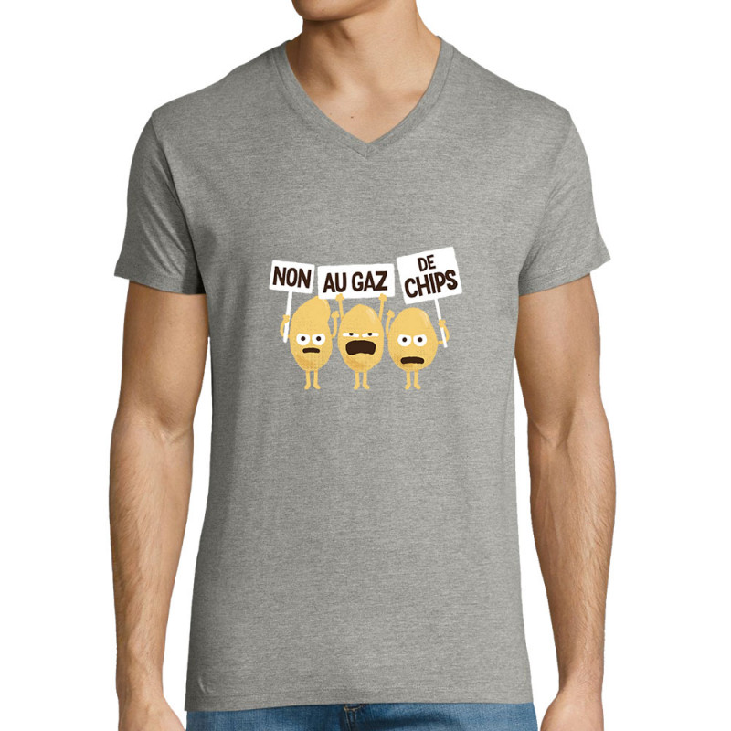 T-shirt homme col V gris chiné Non au gaz de chips (Alex Kidd,Humour,Fruits & Légumes)