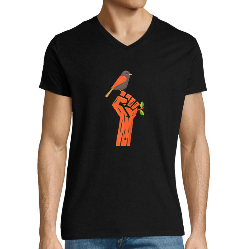 T-shirt homme col V noir Résiste (Alex Kidd,Ecologie)
