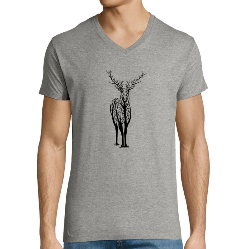 T-shirt homme col V gris chiné Deer Trees (Caffein Art,Animaux)