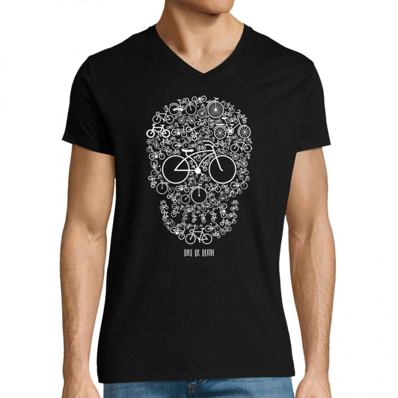 T-shirt homme col V noir Bike or Death (Caffein Art,Ecologie,Têtes de morts,Vélo)