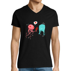 T-shirt homme col V noir Méduse (Animaux,Ecologie)