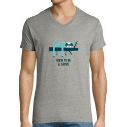 T-shirt homme col V gris chiné Born to be a Larve (Alex Kidd,Animaux,Humour,Paresse)