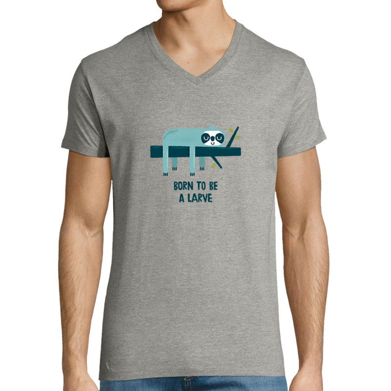 T-shirt homme col V gris chiné Born to be a Larve (Alex Kidd,Animaux,Humour,Paresse)