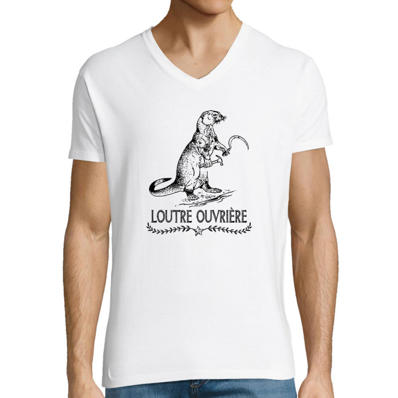 T-shirt homme col V blanc Loutre Ouvrière (Gondrax,Les Bébêtes,Animaux,Humour)