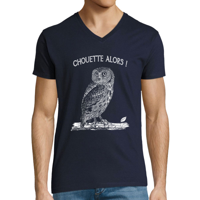 T-shirt homme col V bleu marine Chouette alors (Gondrax,Les Bébêtes,Animaux)