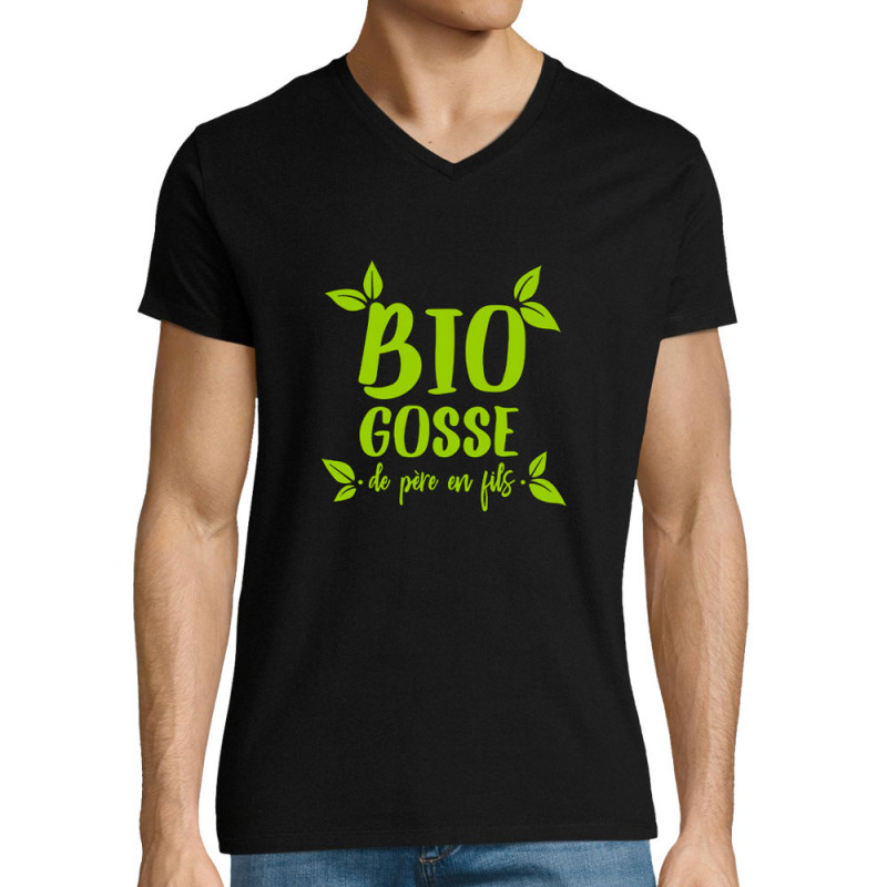 T-shirt homme col V noir Bio gosse de père en fils (Zewa,Humour,Ecologie,Bébés)