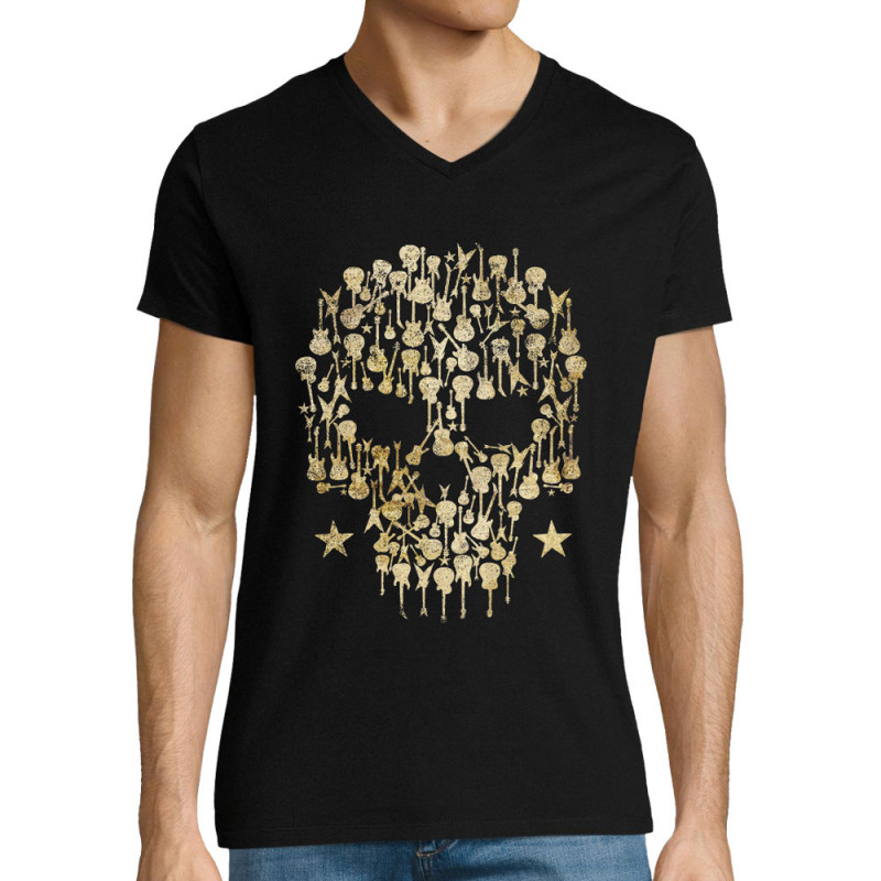 T-shirt homme col V noir Skull Guitar (Gondrax,Têtes de morts,Rock & Punk)