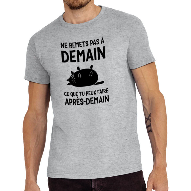 Tee-shirt homme gris chiné Ne remets pas à demain (Alex Kidd,Humour,Slogans Débiles,Chats,Paresse)