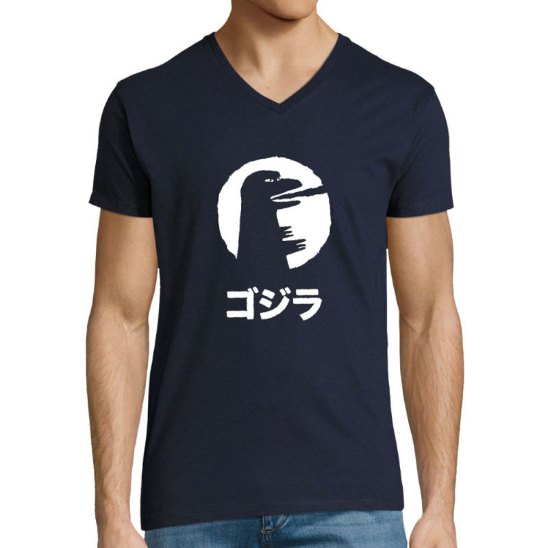 T-shirt homme col V bleu marine Vintage Godzilla (Alex Kidd,Films/Séries,Manga Kawaï japan)