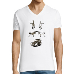T-shirt homme col V blanc 2cv Fusion (Mr Mouton,Animaux,Humour)