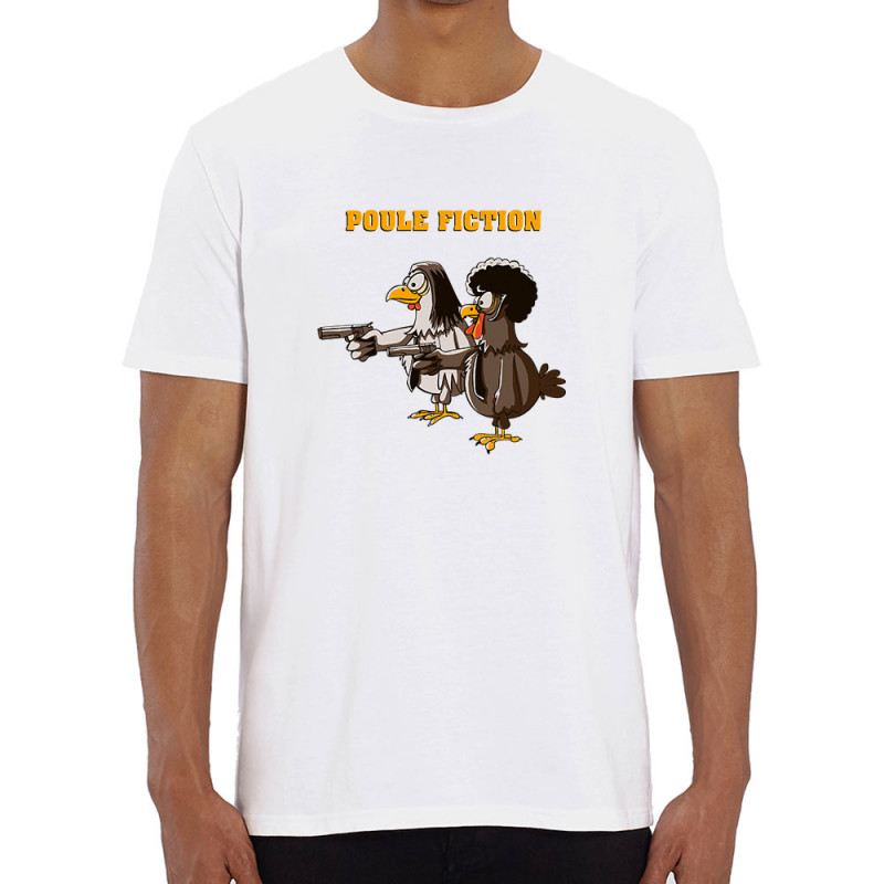 T-shirt homme coton bio blanc Poule Fiction (Mr Mouton,Animaux,Films/Séries)