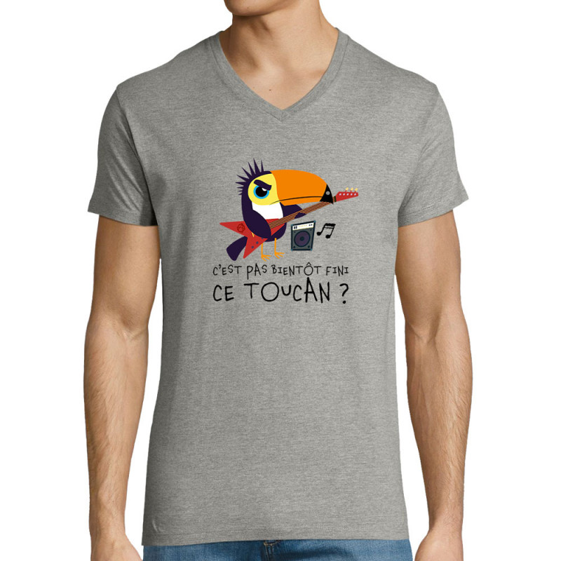 T-shirt homme col V gris chiné Fini ce toucan (Andy,Animaux,Humour)
