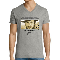 T-shirt homme col V gris chiné Toi tu creuses (Films/Séries)