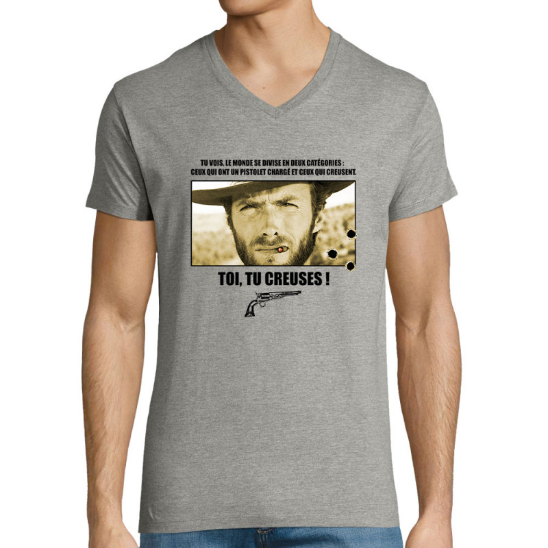 T-shirt homme col V gris chiné Toi tu creuses (Films/Séries)