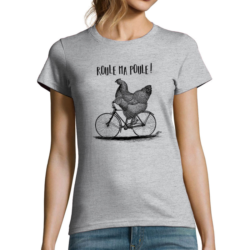 T-shirt femme gris chiné Roule ma poule (Gondrax,Les Bébêtes,Animaux,Vélo)