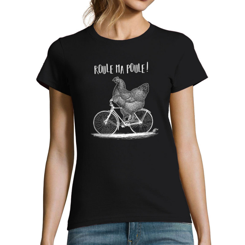 T-shirt femme noir Roule ma poule (Gondrax,Les Bébêtes,Animaux,Vélo)