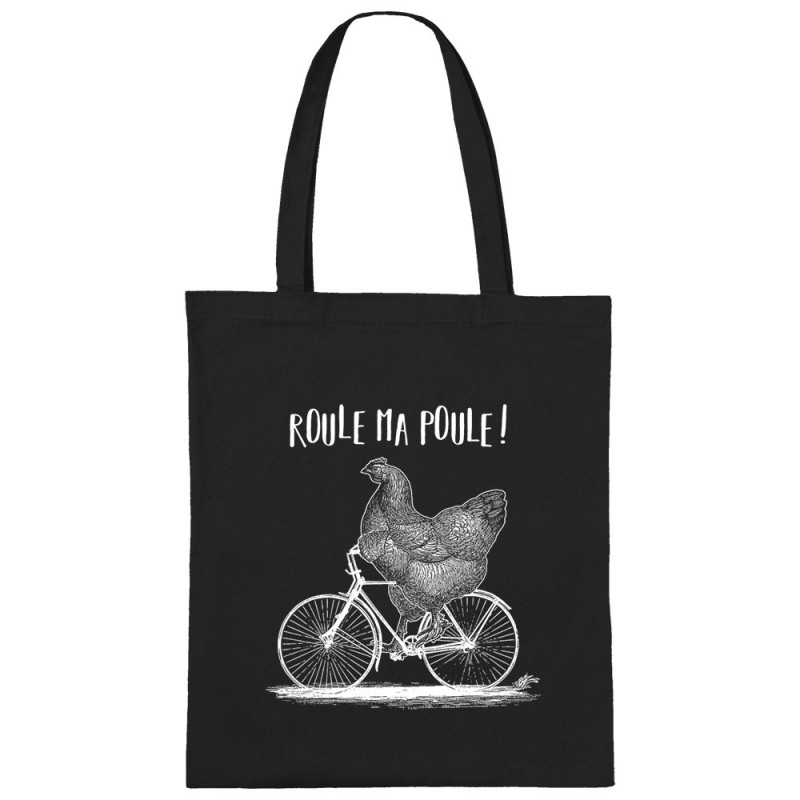 Sac shopping en toile noir Roule ma poule (Gondrax,Les Bébêtes,Animaux,Vélo)