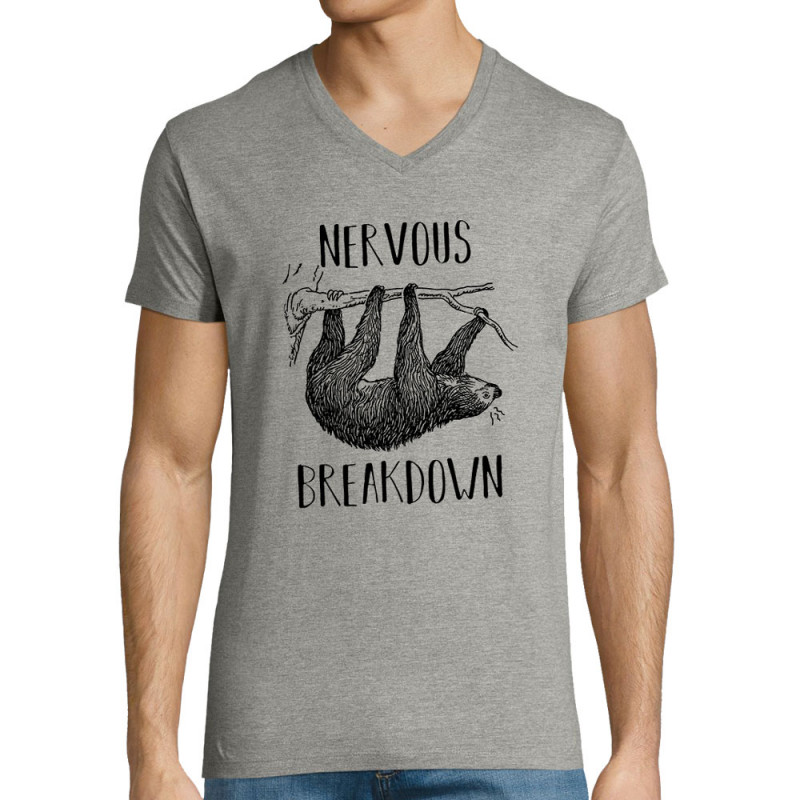 T-shirt homme col V gris chiné Nervous Breakdown Paresseux (Gondrax,Les Bébêtes,Animaux,Paresse)