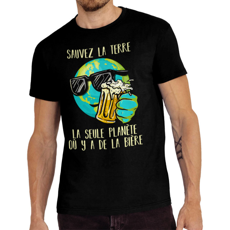 Tee-shirt homme noir Sauvez la terre Bière (Gondrax,Alcool,Ecologie,Humour)