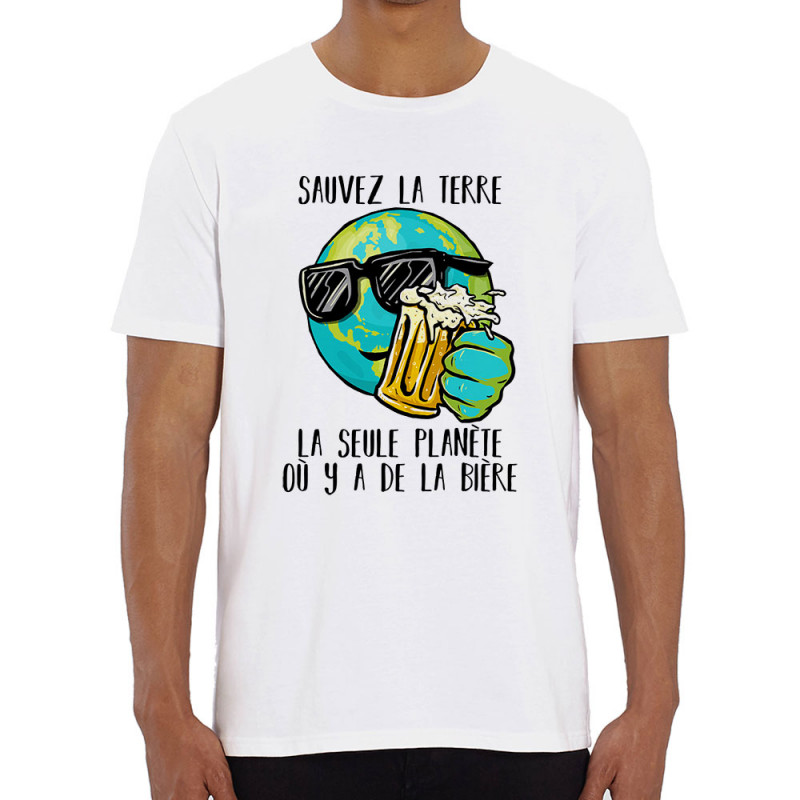 T-shirt homme coton bio blanc Sauvez la terre Bière (Gondrax,Alcool,Ecologie,Humour)
