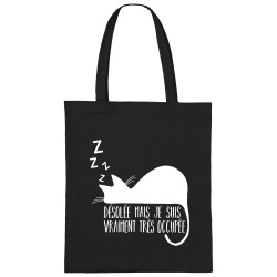 Sac shopping en toile noir Désolée mais je suis très occupée (Gondrax,Animaux,Humour,Chats,Paresse)