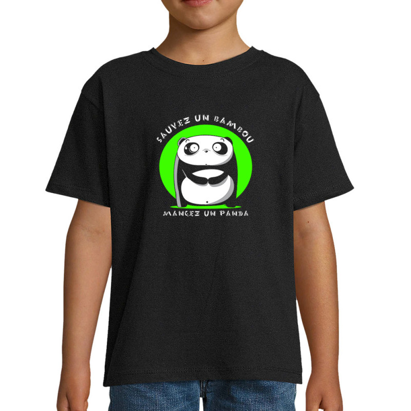 T-shirt enfant noir Sauvez un bambou Mangez un panda (Pandaluna,Animaux,Humour,Manga Kawaï japan)