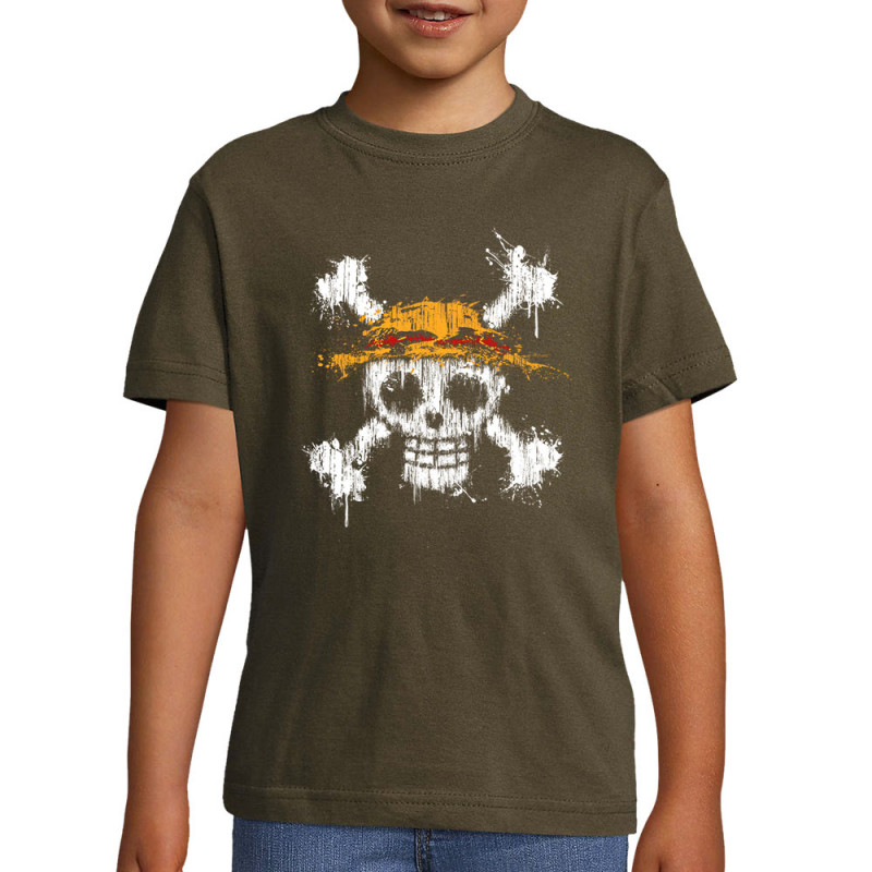 T-shirt enfant kaki foncé One Skull (Le Duc,Têtes de morts,Jeux Vidéo / Geek,Manga Kawaï japan,Détournements)