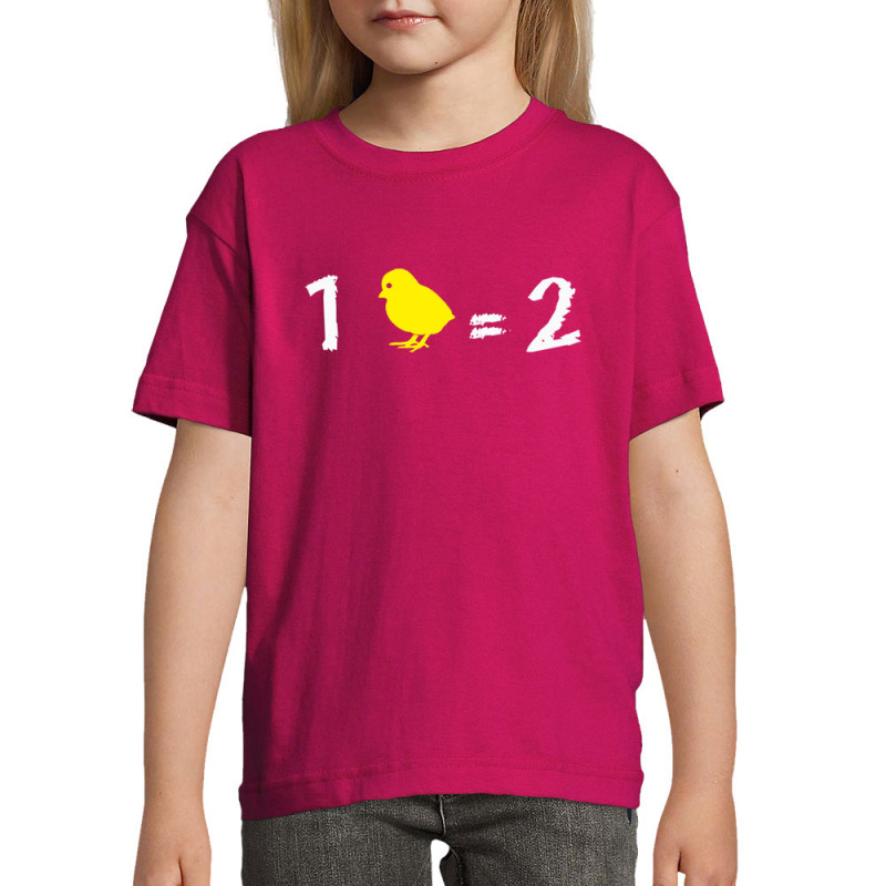 T-shirt enfant rose fushia 1 poussin égal 2 (Franck,Animaux,Humour,Des chiffres et des lettres,Devoirs de vacances)