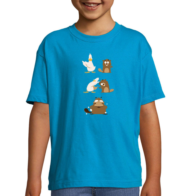 T-shirt enfant bleu azur Fusion (Pandaluna,Animaux,Humour,Manga Kawaï japan)