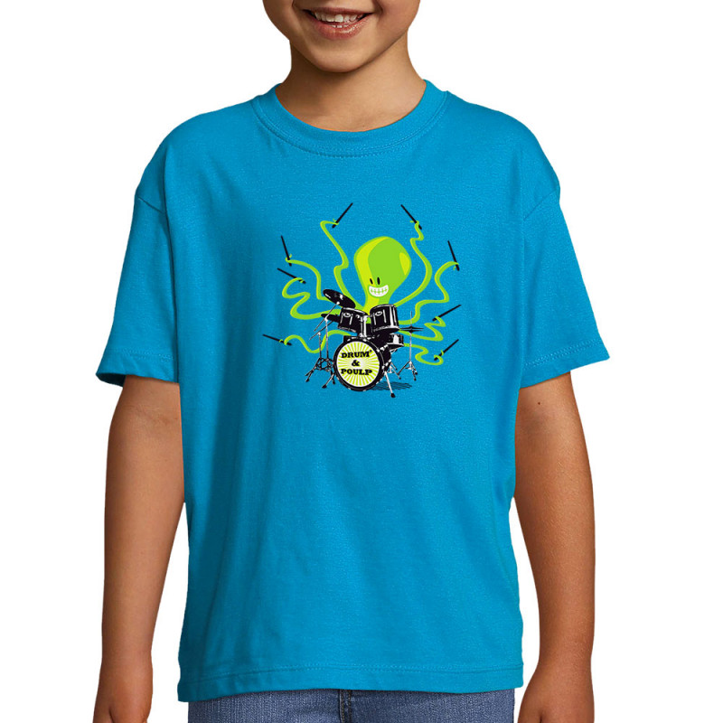 T-shirt enfant bleu azur Poulpy Drum (Animaux,Humour,Ted Boundy)