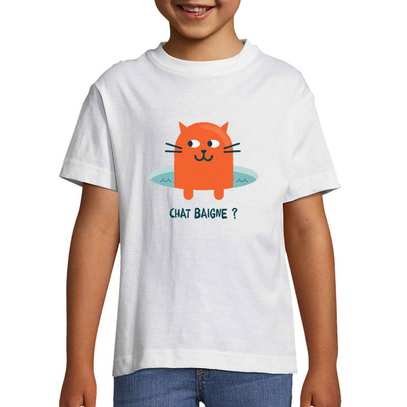 T-shirt enfant blanc Chat baigne ? (Alex Kidd,Animaux,Humour,Chats)