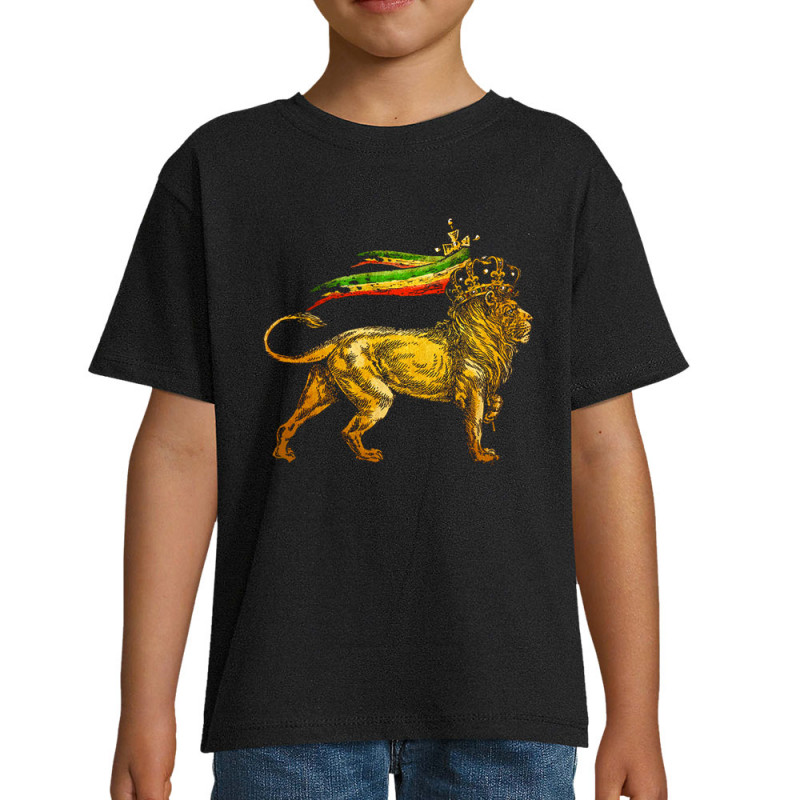 T-shirt enfant noir Rasta Lion (Animaux,Reggae)