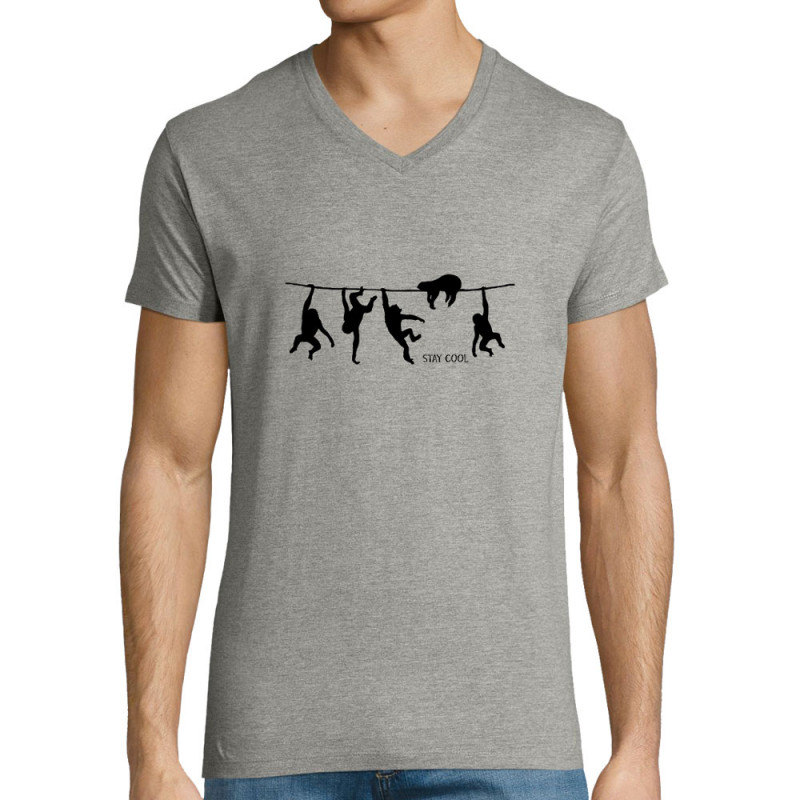 T-shirt homme col V gris chiné Stay Cool (Gondrax,Animaux,Stay,Paresse)
