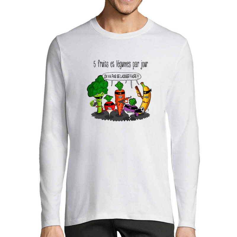 T-shirt homme manches longues blanc 5 fruits et légumes par jour (Gondrax,Fruits & Légumes,Humour)