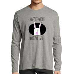 T-shirt homme manches longues gris chiné Sauvez une carotte (Gondrax,Animaux,Humour,Fruits & Légumes)