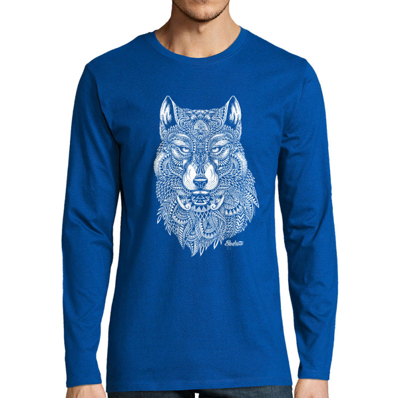 T-shirt homme manches longues bleu royal Bad River - The Wolf (Taïry Greene,Bad River,Animaux)