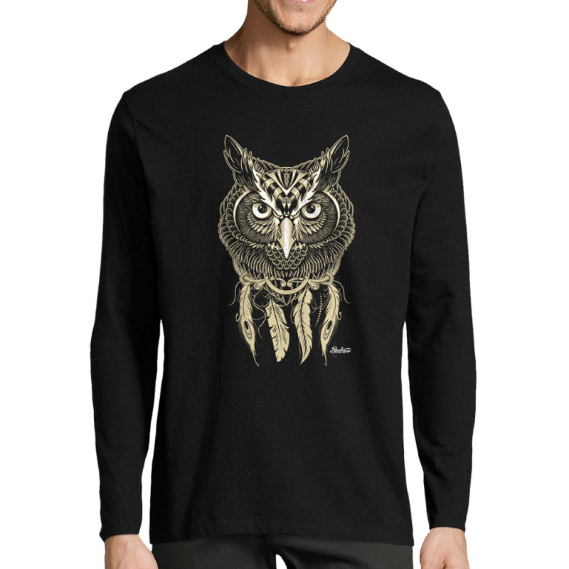 T-shirt homme manches longues noir Bad River - Little Owl (Bad River,Animaux,Ethnique)