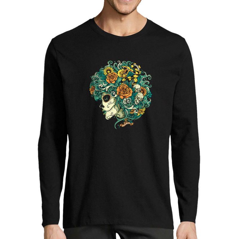 T-shirt homme manches longues noir Santa Muerte - Flourish Dead Girl (Santa Muerte,Têtes de morts)