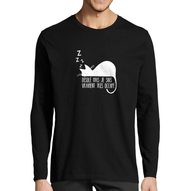 T-shirt homme manches longues noir Désolé mais je suis très occupé (Gondrax,Animaux,Humour,Chats,Paresse)