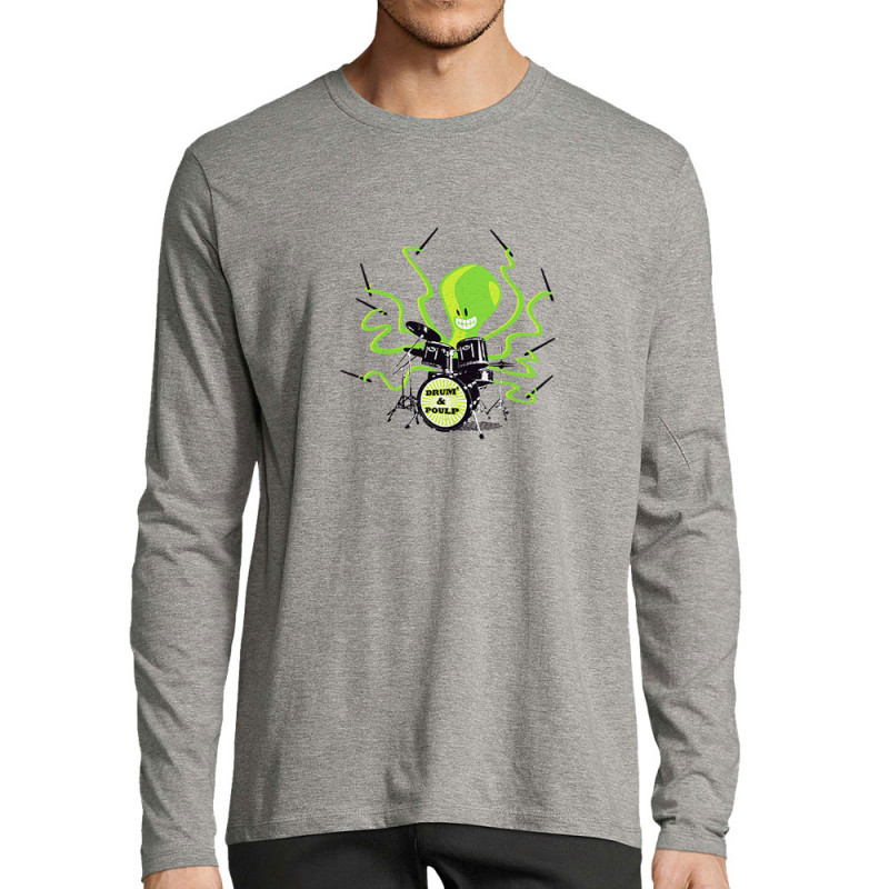 T-shirt homme manches longues gris chiné Poulpy Drum (Animaux,Humour,Ted Boundy)