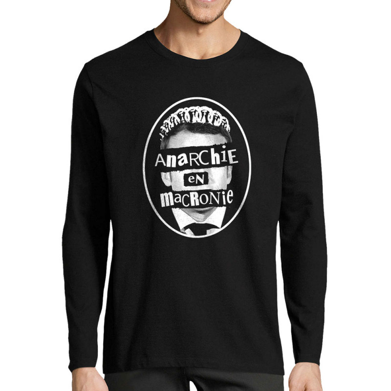 T-shirt homme manches longues noir Anarchie en Macronie (Gondrax,Slogans engagés,Humour)