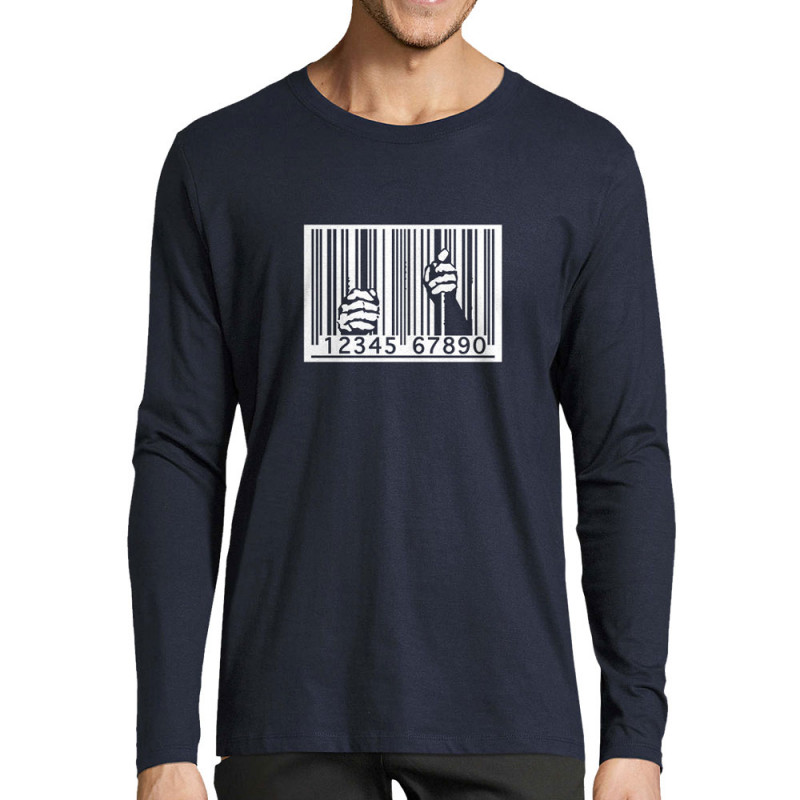 T-shirt homme manches longues bleu marine Code barre prison (Slogans engagés)